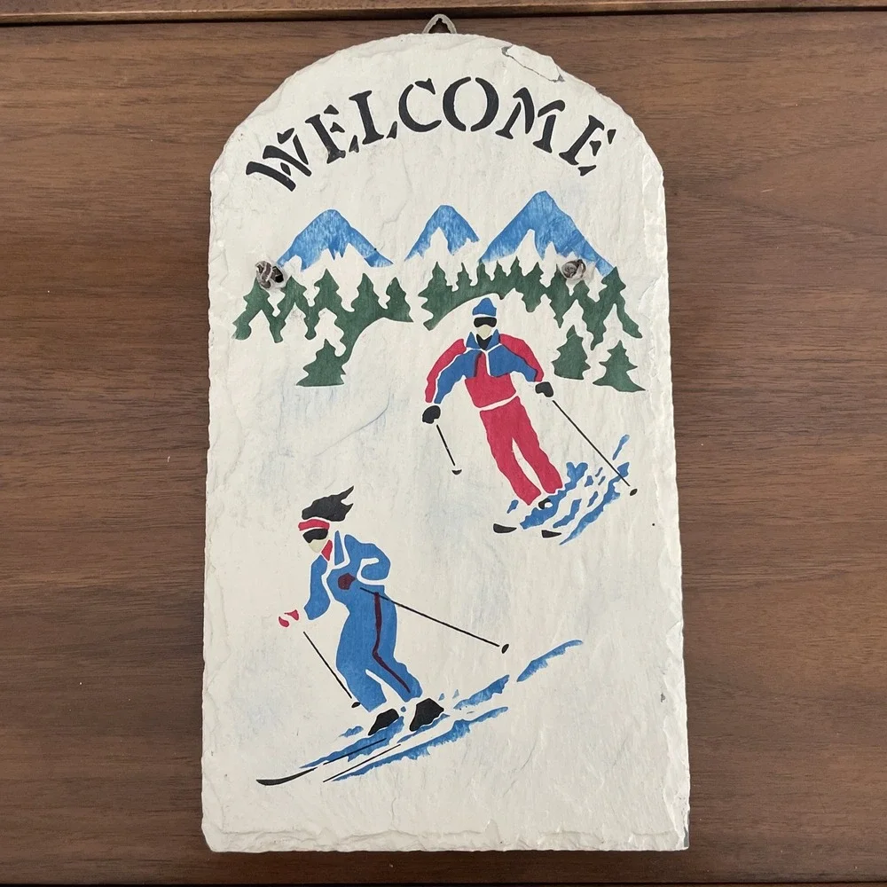 Hand Painted Slate Welcome‎ Sign Cross Country Skiing Winter Scene